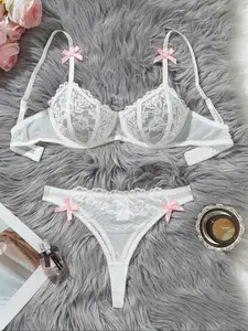 New European Style Lace Lingerie Set, Sexy Bra and High Waist Panty Set, Plain Bow Design, Comfortable Everyday Underwear for Women, All Seasons, Bottoms