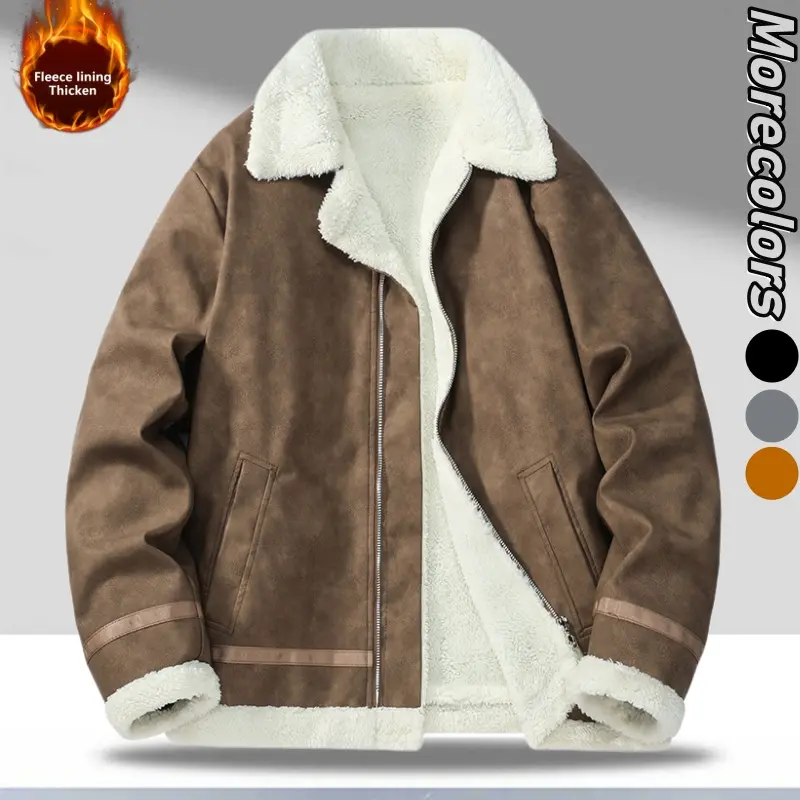 Men's Retro Style Vintage Leather Coat - Menswear with Plush Collar, Warm Fleece Lining, Long Sleeve, Rugged Classic Plain Stylish Outerwear for Casual Wear, Perfect Gift for Father's Day, Tops