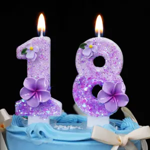 1pcs Handmade birthday cake number candles with purple flower sequins, Cake decorating supplies, festive decorations for birthdays, coming-of-age ceremonies, graduation parties, housewarming parties, or wedding celebrations