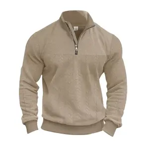 Men's Solid Zip Up Drop Shoulder Sweatshirt, Loose Casual Long Sleeve Stand Collar Pullover for Fall & Winter, Men's Clothes for Daily Wear, Half Zip Sweatshirts Jacquard Top Relaxed Fit Knit Zipper