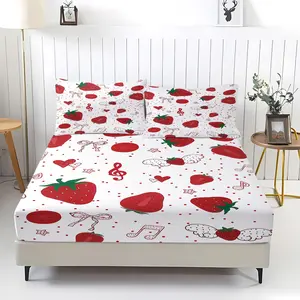 3pcs Cute Strawberry Fitted Sheet Set, Kawaii Fruit Printed Bed Sheet Set, Soft Microfiber Deep Pocket Mattress Cover, Bedding for Girls Bedroom, Dorm & Aesthetic Room Decor, Perfect Gift for Strawberry Lovers