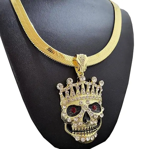 MaxBling81 Large Crown King Skull Iced 14K Gold-Silver Plated Cubic Zirconia Rapper-Inspired Hip Hop Charm Pendant & 11mm 20" Herringbone Brass Chain Necklace