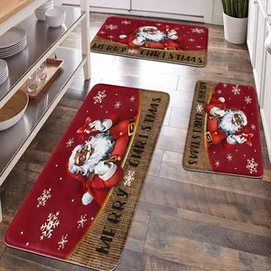 JIT 2/3pcs Christmas Black Santa Claus Gift Carpet Kitchen Carpet Set, Cartoon Pattern Rug, Flannel bedside set floor mat anti-slip washable bedside soft carpet, suitable for kitchen, laundry room, corridor floor running mat carpet