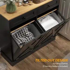 Tilt Out Laundry Hamper Cabinet, Bathroom Storage Cabinet with 2 Removable Baskets and 2 Drawers, Black