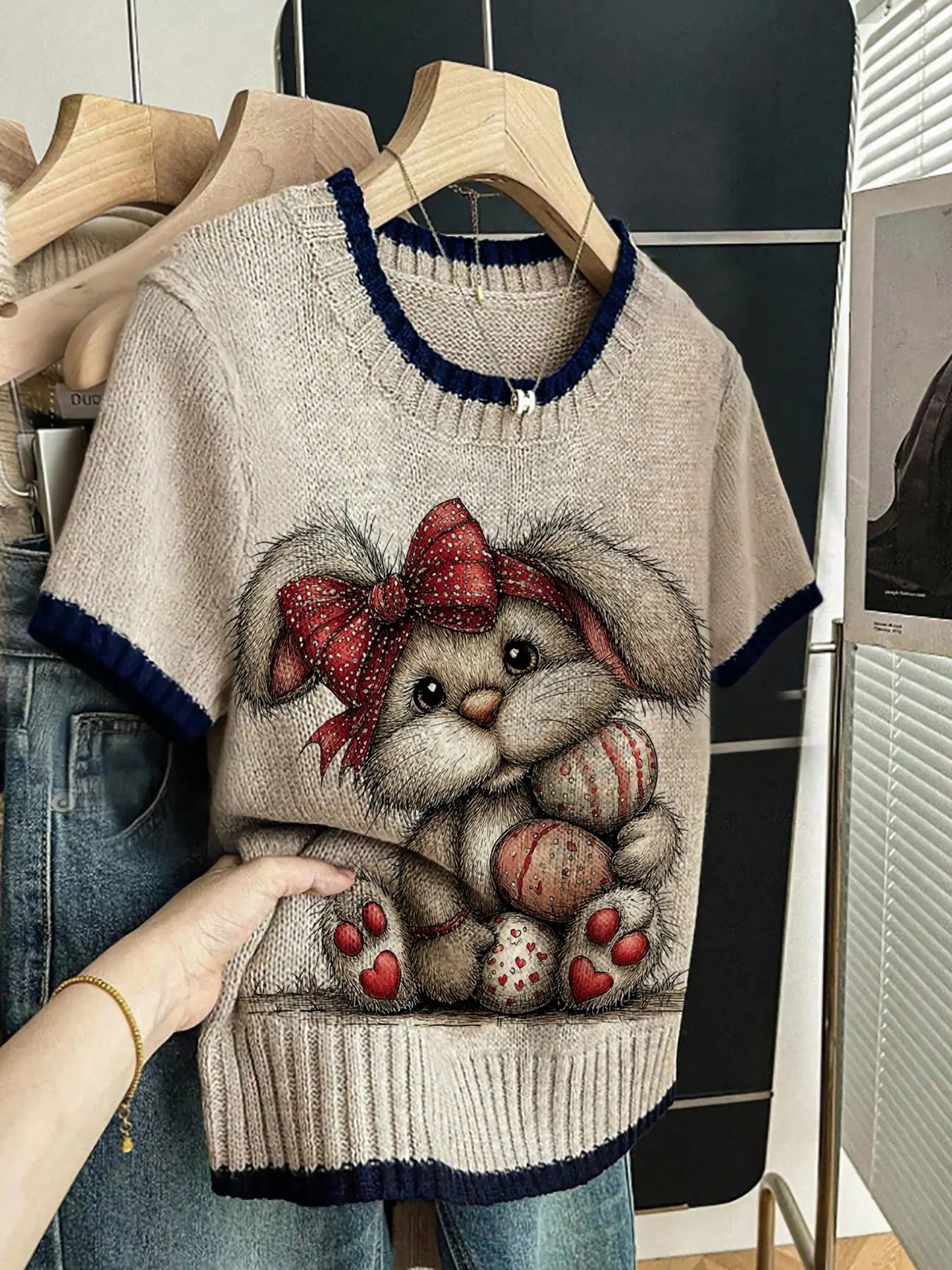 Women's Cartoon Plush Rabbit Bow Animal Print Round Neck Short Sleeve Knit Sweater, Casual Breathable Knitted Top for Spring Summer Fall