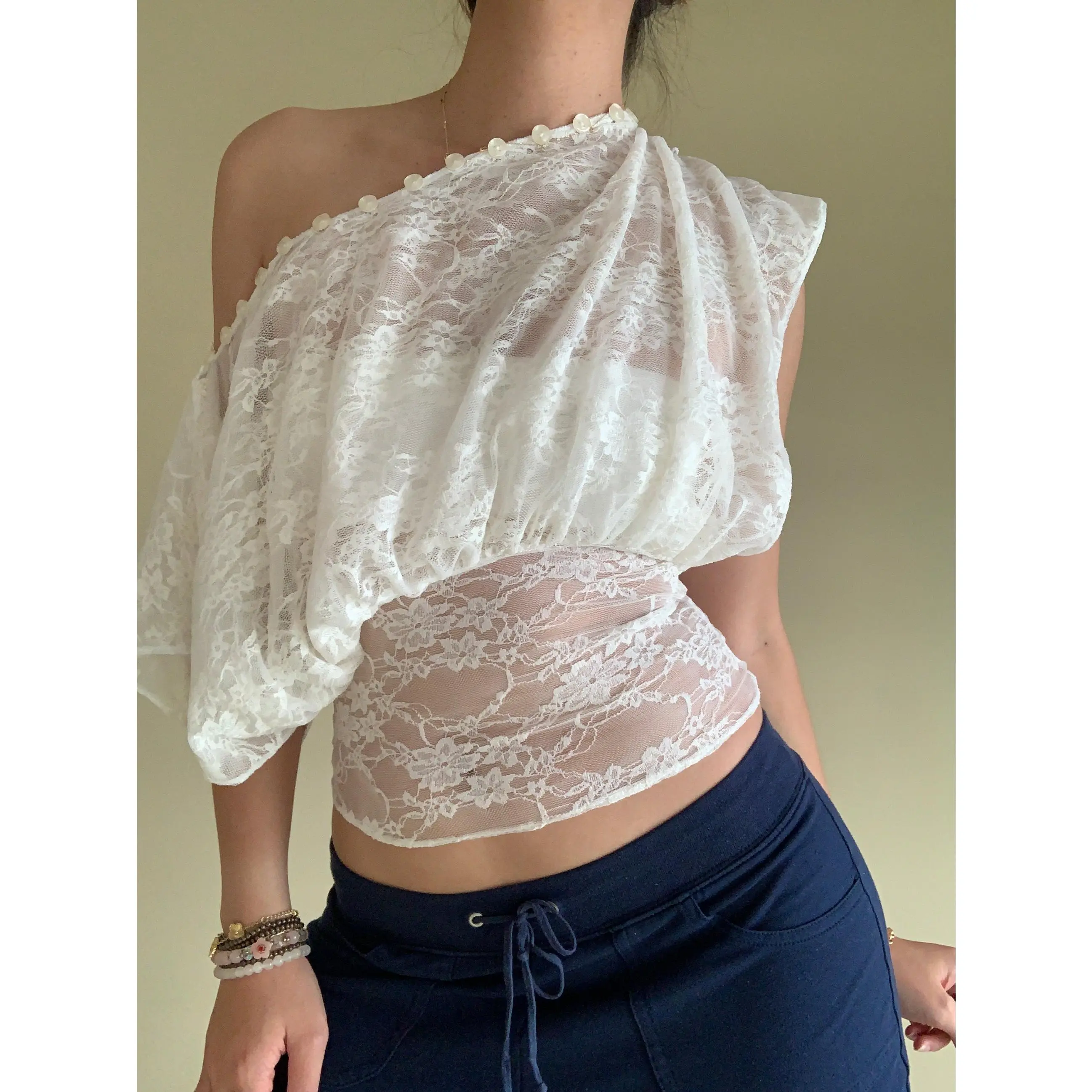 Women Lace Top, Crew Neck Short Sleeve Buttons Solid Summer Sheer T-shirt Clubwear