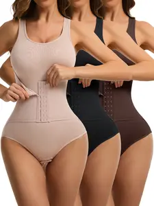 3-piece Solid Tummy Control Bodysuit with Abdominal Compression - Women's Seamless Butt-Lifting Bodysuits, Snap Crotch, Slimming Body Shaping, Underwear & Postpartum Shapewear Features，Halloween and Black Friday - Style