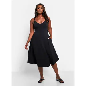 Essential V Neck Strappy Midi Skater Dress - Black