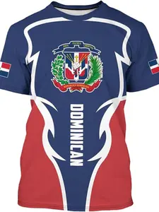 Dominican Flag T-Shirt, Dominican Emblem T-Shirt, Round Neck, Short Sleeve, Casual Sportswear, Loose Fit, Long Top, No Zipper