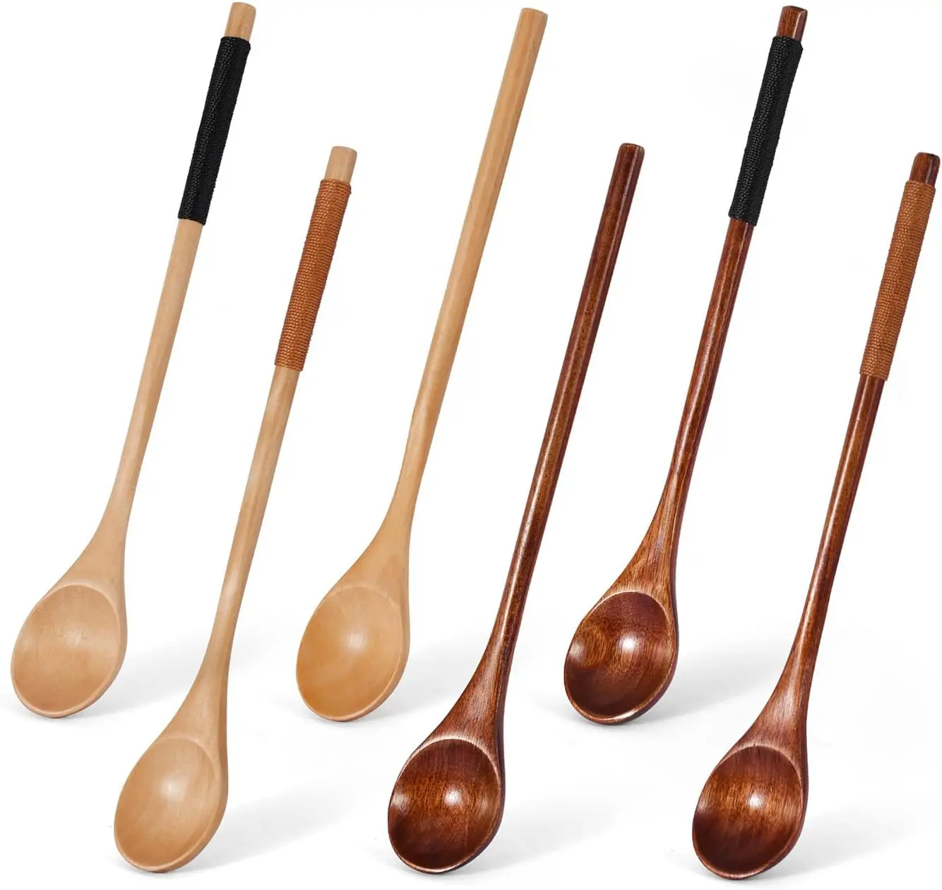 6-Piece Multi-Use Long-Handled Wooden Utensil Set, Natural Smooth Solid Wood Stir Spoon with Anti-Slip Wrapped Handle for Coffee, Honey Jar, Home Kitchen Daily Use