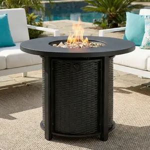 30-Inch Round Propane Gas Fire Pit Table 50,000 BTU Outdoor Steel Firepit with Volcanic Stones, Burner Lid, Hidden Tank Storage, Black Powder-Coated Finish for Patio, Deck, Garden, Courtyard, Balcony, Compact Warm Ambiance, Black Color Options