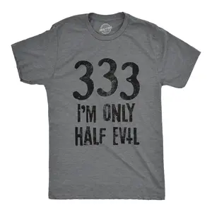 Men's Short-Sleeve Round Neck 333 I'm Only Half Evil Novelty Graphic Tee, 666 Devil Print, Funny Sarcastic Casual Vintage Halloween Party Apparel, Dark Grey Gift for Men
