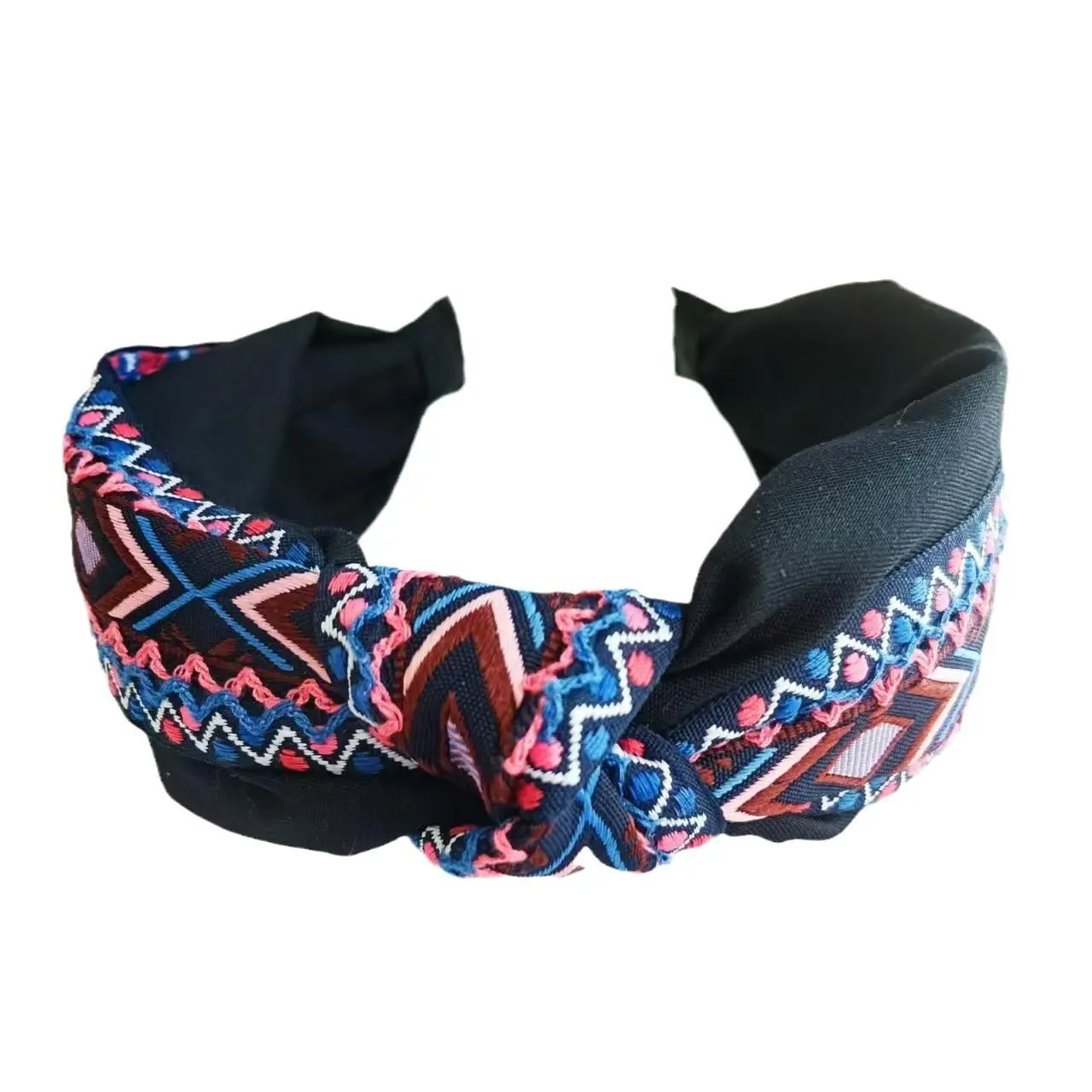 Boho Wide Headbands Solid Fabric Knotted Woven Ribbon Embroidery Ethnic Style Personalized Hair Hoops for Women Daily Vacation Outfit
