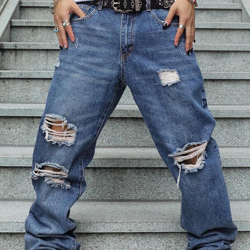 MZNBURAM Men's Ripped Non-Stretch Relaxed Fit Straight-Leg Denim Pants Jeans-Menswear Streetwear Trouser