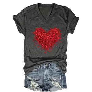 Women's 100% Cotton Knitting T-Shirt - V-Neck Shortsleeve, Heart Print, Custom Digital Flowers, Machine Washable Casual Summer Top, Ideal Holiday Gift EV857840