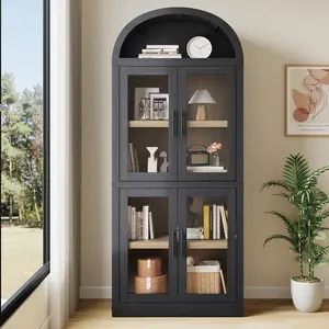 Arched Bookshelf with Doors Farmhouse Bookcase 15.83in Depth Display Storage Shelves 71.4in Tall Wooden Display Cabinet Rounded Bookcases for Living Room, Kitchen, Office