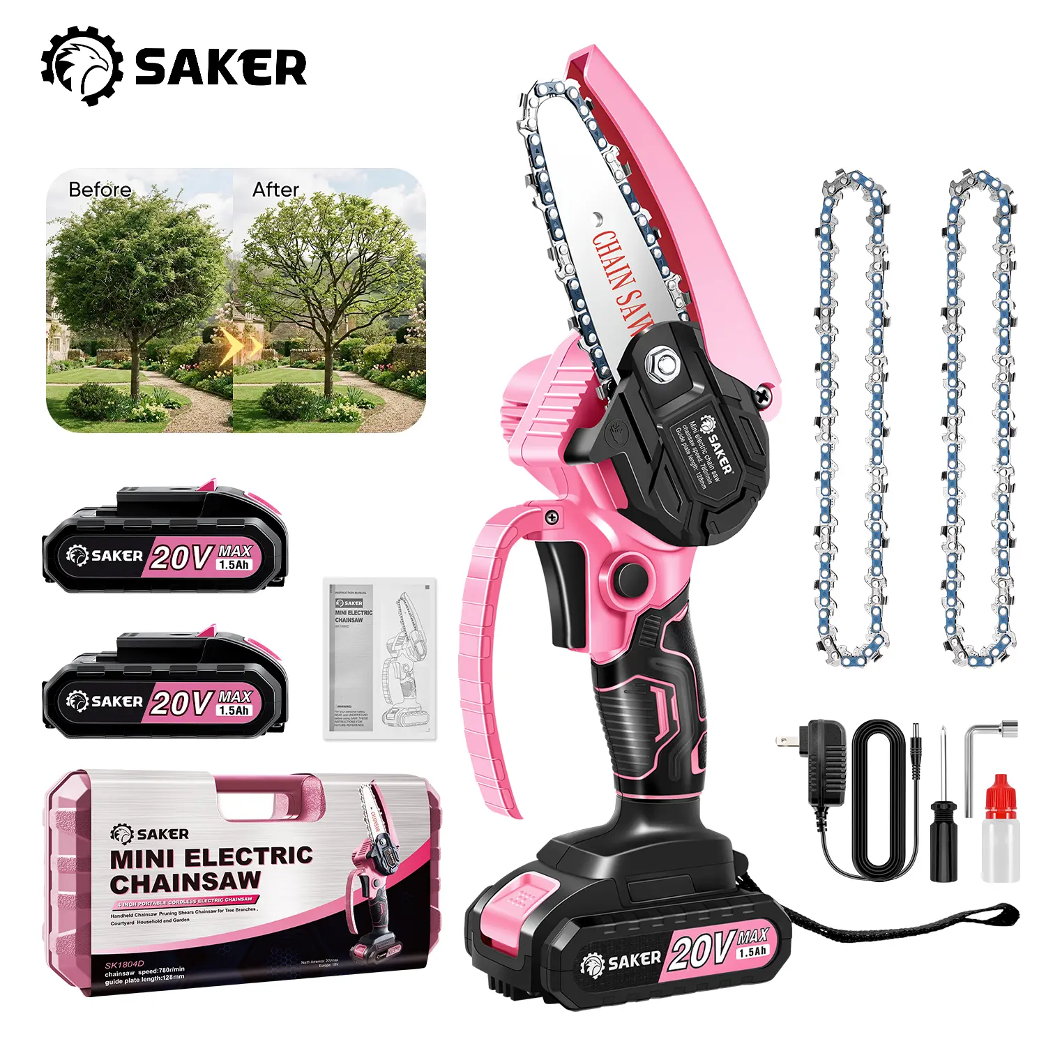 Saker Pink 6-Inch Cordless Handheld Electric Chainsaw - Battery Powered Mini Chainsaw with Security Lock for Tree Branch Trimming, Garden Pruning, Battery Powered Chainsaw, Cordless Handheld Chainsaw