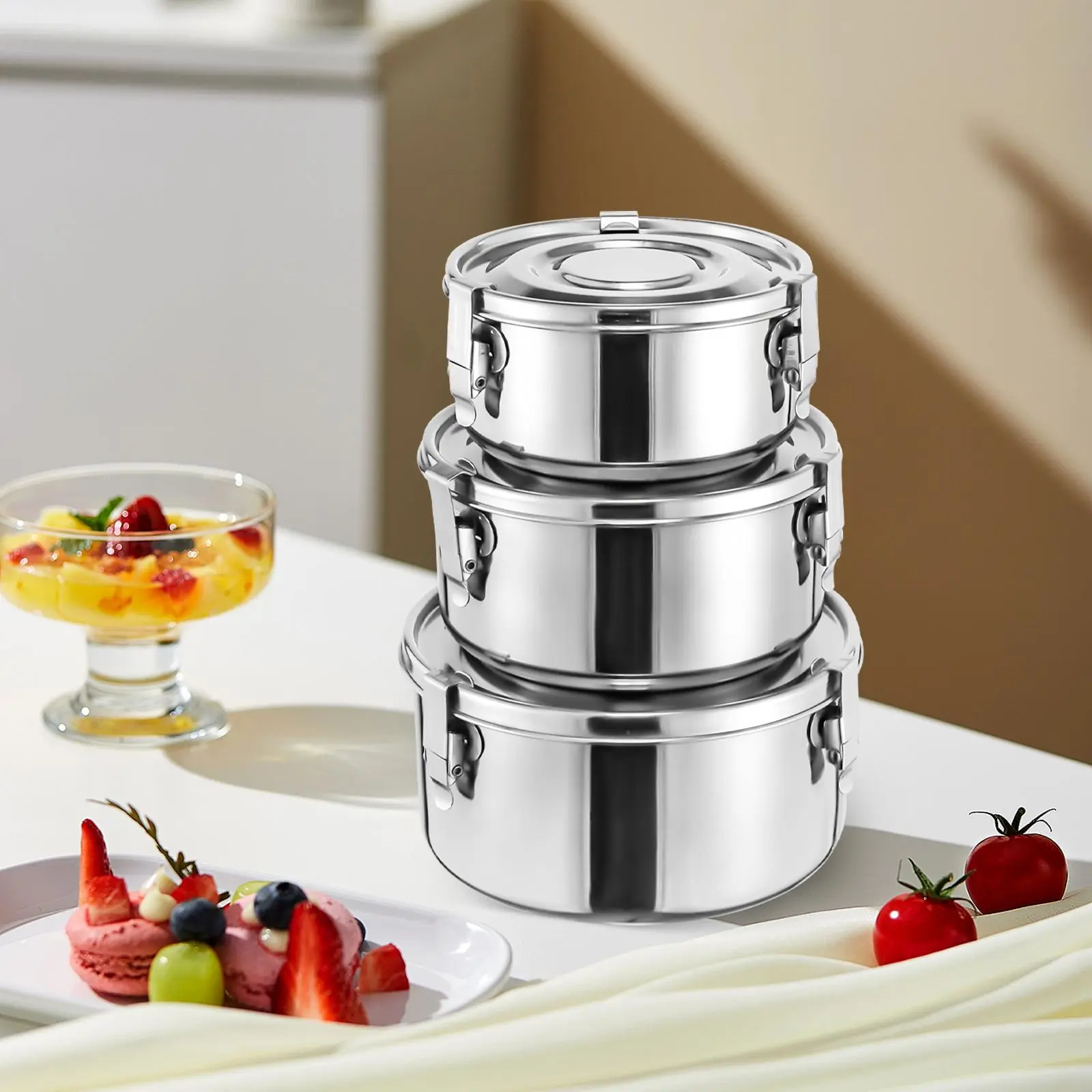 3pcs Silver 304 Grade Premium Stainless Steel Food Storage Containers - Leak-Proof, Smell-Proof, Airtight, High-Capacity Bento Boxes with Silicone Seal & Buckle, Meal Prep Containers for Lunch, Kitchen Household Products with Protective Packaging