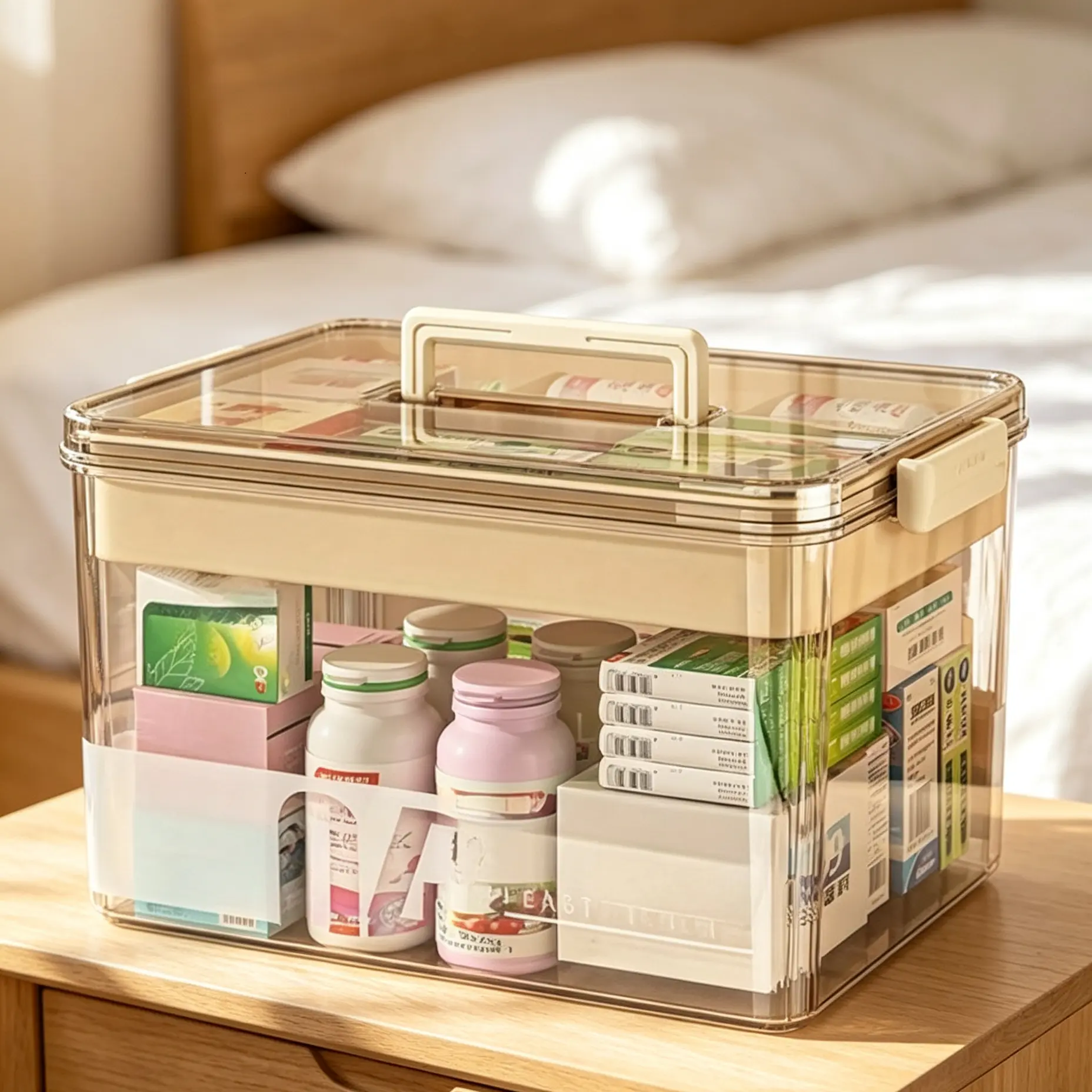 Rectangular Double Layer Portable Transparent Storage Organizer - Hard Thick Plastic Dust-Proof Medical Box with Carry Handle, Removable Sorting Tray, Lightweight Bin for Medical Supplies, Cosmetics (Home & Closet Household Storage)
