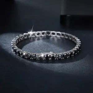(Black Synthetic Moissanite Tennis Bracelet)  4-6.5mm Wide Hip Hop Tennis Bracelet, 4 Prong Full Eternity Black Moissanite, D Color VVS1 Clarity, 925 Sterling Silver, 0.3ct / 0.5ct / 1 Carat Bling Jewelry