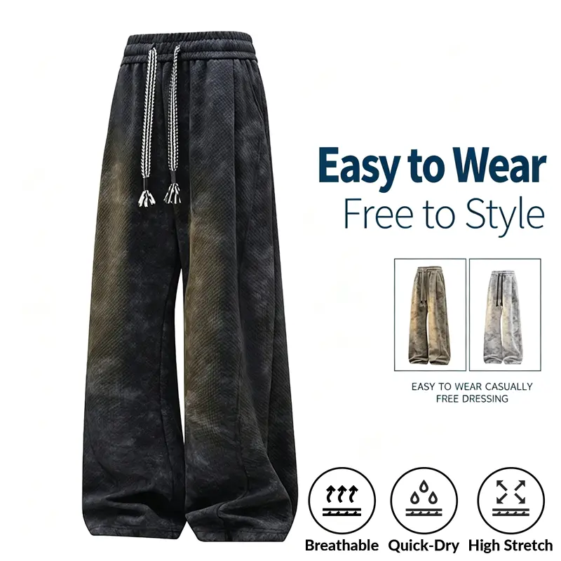Men’s autumn washed tie-dye waffle knit wide-leg athletic pants, loose fit, street fashion casual, versatile long trousers