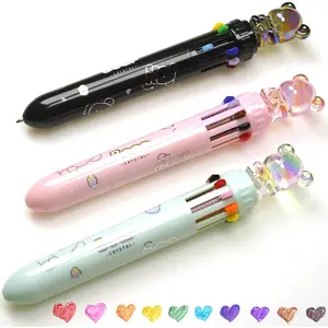 3-Pack Multi Color Pens All in One, 0.7 mm 10 in 1 Multicolor Ballpoint Pen with Cute  Bear Nibs, Transparent Pouch, Ideal for Students, Office, and 'Gifts