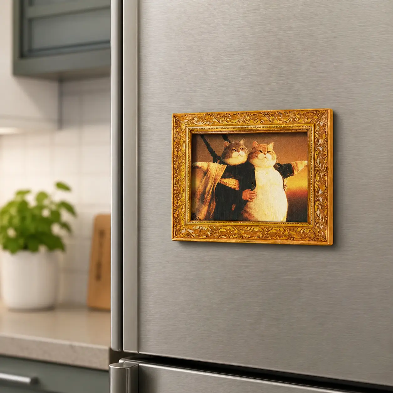 Funny Titanic Cats Gold Rectangle Frame Fridge Magnet Humorous Movie Parody Refrigerator Magnet