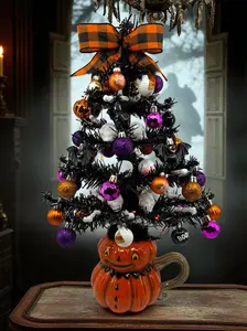 Halloween Christmas Tree Black Jack o Lantern Tree with Orange Lights Spooky Decoration Ornaments Battery Operated 19 x 9 x 9 Inches Handmade Collectible Piece