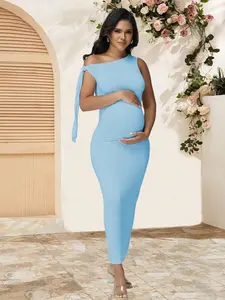 TAMALLA Asymmetric Neckline Fitted Maxi Dress For Pregnant Women, Elegant Solid Color Party Gown, Suitable For Baby Shower And Photo Shoot