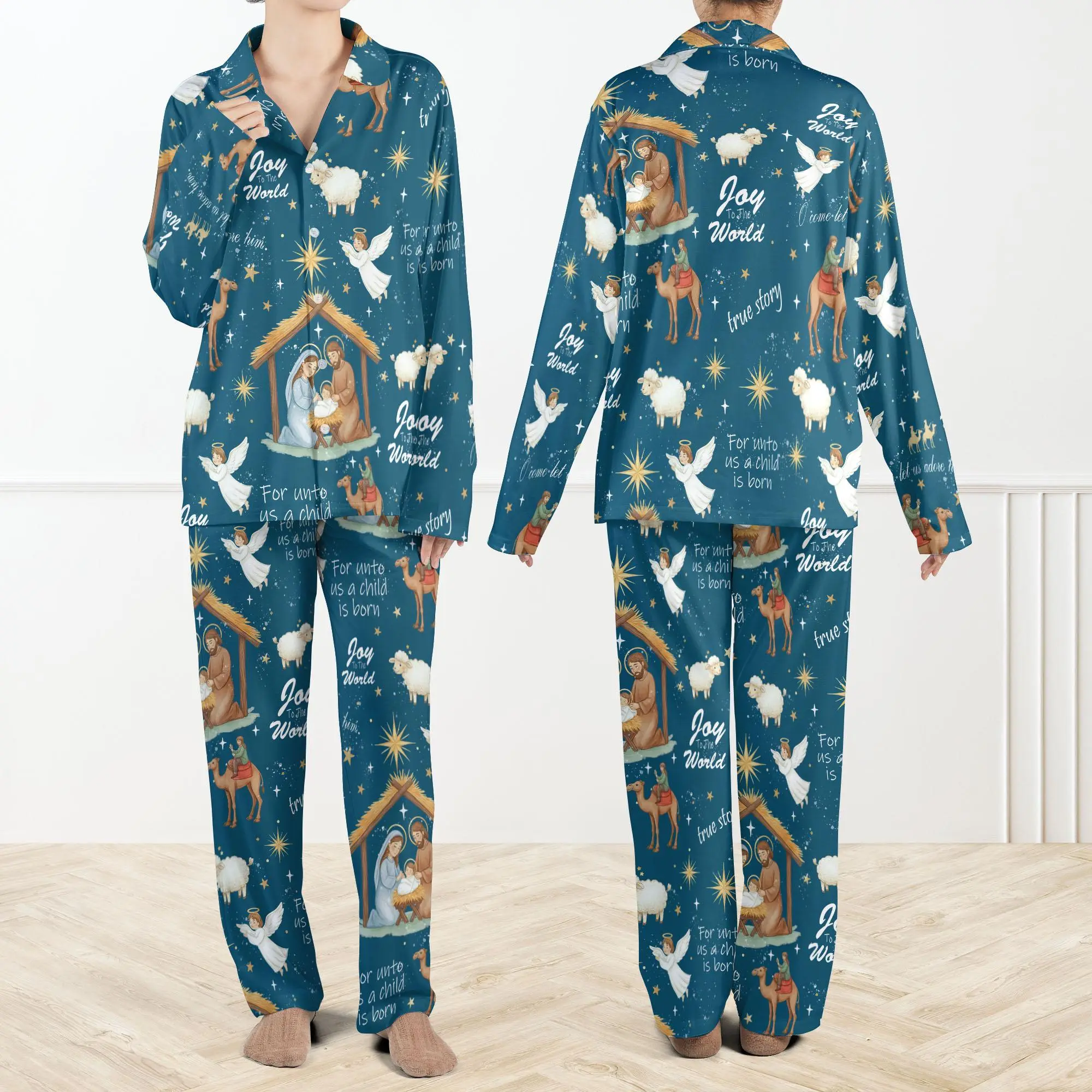 Nativity Christian Christmas Pajama Set For Women And Kids, Holy Family Sleepwear, Christian Christmas PJs, Joy to the World Holiday Outfit