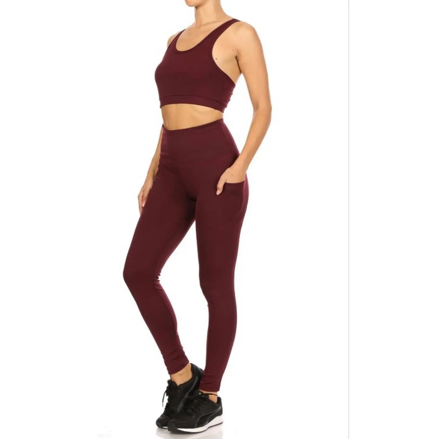Burgundy 2-piece workout sports bra and tummy control sports leggings Active Wear