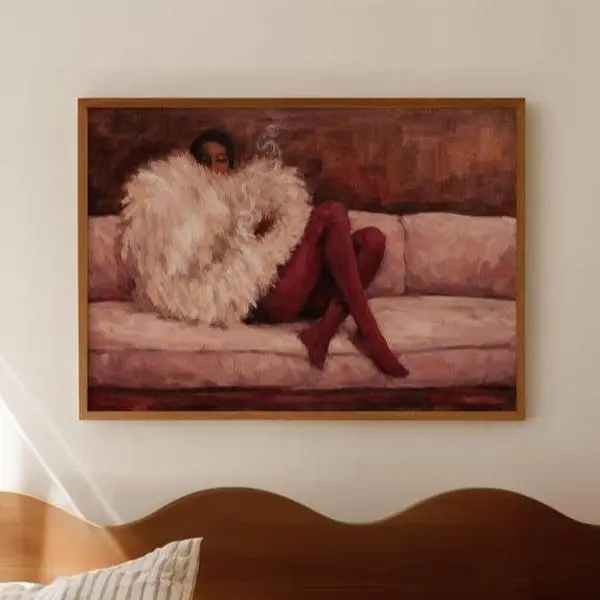 Abstract Fashion Woman In Sofa Pink Ruby Poster Glossy Print Unframe , Horizontal Above Bed Wall Art, Handdrawn Mid Century Poster, Retro Textured oil painting art Pink Design