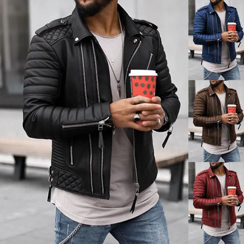 Autumn Winter Men's Route Lapel Quilted Cotton European American Zipper Color  Leather Jacket Coat