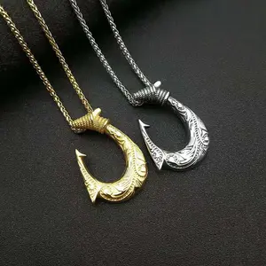 New hip-hop jewelry, titanium steel color-preserving gold-plate Nordic Viking fish hook pendant necklace