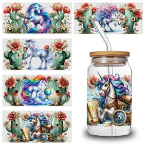 5 Sheets Unicorn Cactus UV DTF Stickers UV DTF Transfer Suitable for Mugs, Glass Jars, Coffee Cups - Sparkling Wraps, Application, for DIY Crafts, Parties, Weddings, Birthdays (No Substrate Limitations)
