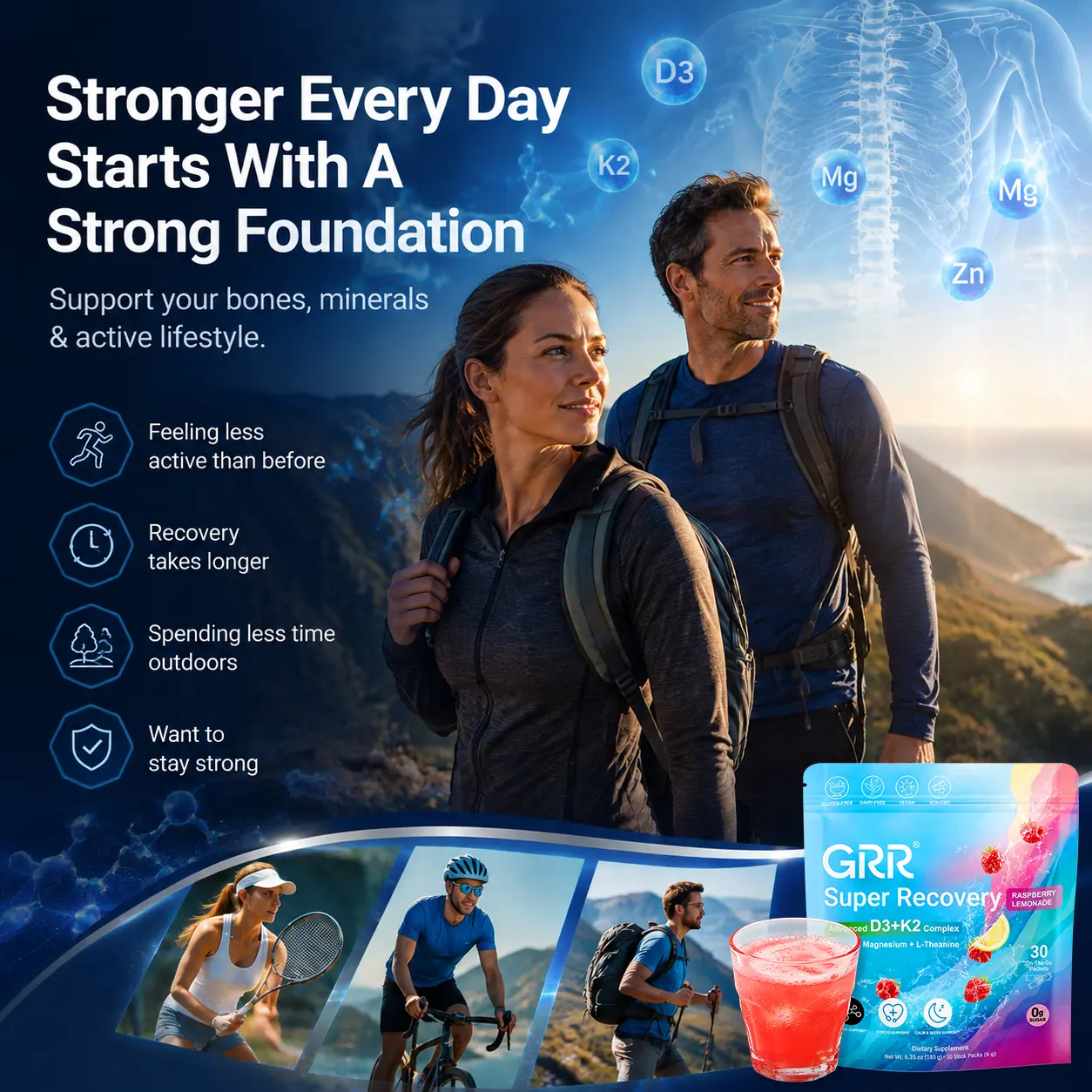 GRR Super Recovery Daily Performance & Recovery Formula with Vitamin D3 K2, Magnesium Glycinate & L-Theanine | Energy, Focus & Wellness Support | 30 Stick Packs