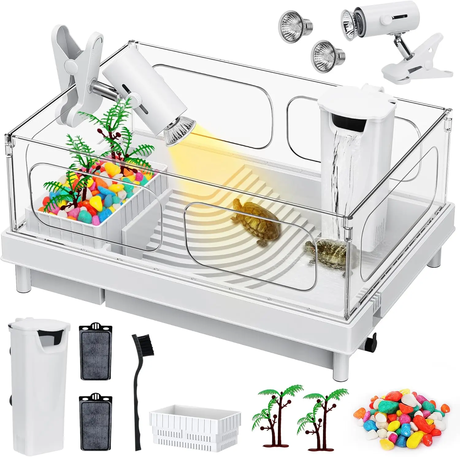 Turtle Tank Kit - Starter Aquarium with Light, Filter, Brush, Easy to Install & Clean, for Turtles, Crabs, Small Reptiles
