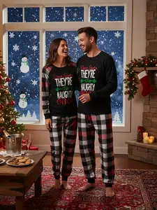 Unispling-style couple sets: Full-body checkered letter printed pajamas, round-neck long-sleeved T-shirts and pants, fabric, very suitable as Christmas gifts for husbands and wives