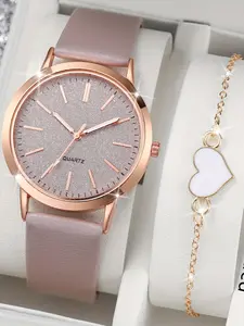 Women's Elegant Fashion Round Dial Quartz Leather Watch & Heart Charm Bracelet Set, Fashion Watch Jewelry, without Box, Fashion Watch Set for Party, Daily Decor, Trendy All-match & Exquisite Watch Set for Birthday Gift