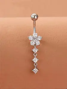 Women's Elegant Rhinestone Decor Belly Ring, Summer 2024 Trendy Flower Design Belly Piercing Ring, Chic Body Jewelry for Women for Party Decor