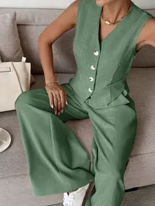Women's Fashionable Versatile New Solid Color Fitted Sleeveless Blazer Vest   Wide-leg Pants Set, Suitable for Summer, Daily Commuting, Casual Business Meetings, or Elegant Casual Dates