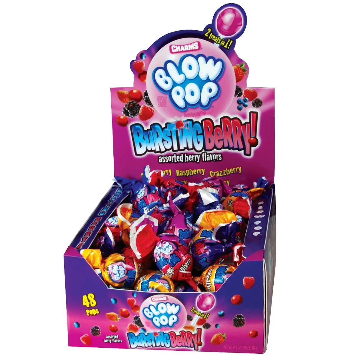 Charms Blow Pops Bursting Berry 48 ct. - Sweet and Hard Lollipop Candy with Chewy Bubble Gum Flavor with Berry Flavor Snack Corn