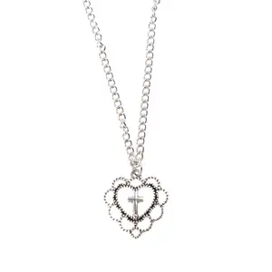 Womens Filigree Heart Pendant Necklace with Crucifix Charm Gothic Punk Style