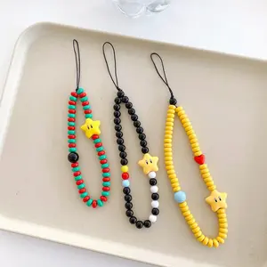 Dopamine Star Black Yellow Beaded Phone Charm Strap Pendant  Camera Accessrioes Chain Lanyard Girls Hanging Rope