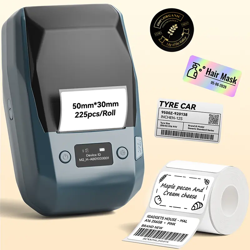 NIIMBOT M2 2In Portable Thermal Label Printer with Tape - High Res., Built-in Li-ion, Wireless Bluetooth, Color Ribbon Transfer Support, Compatible with Phones & PC for Small Business, Cable Storage