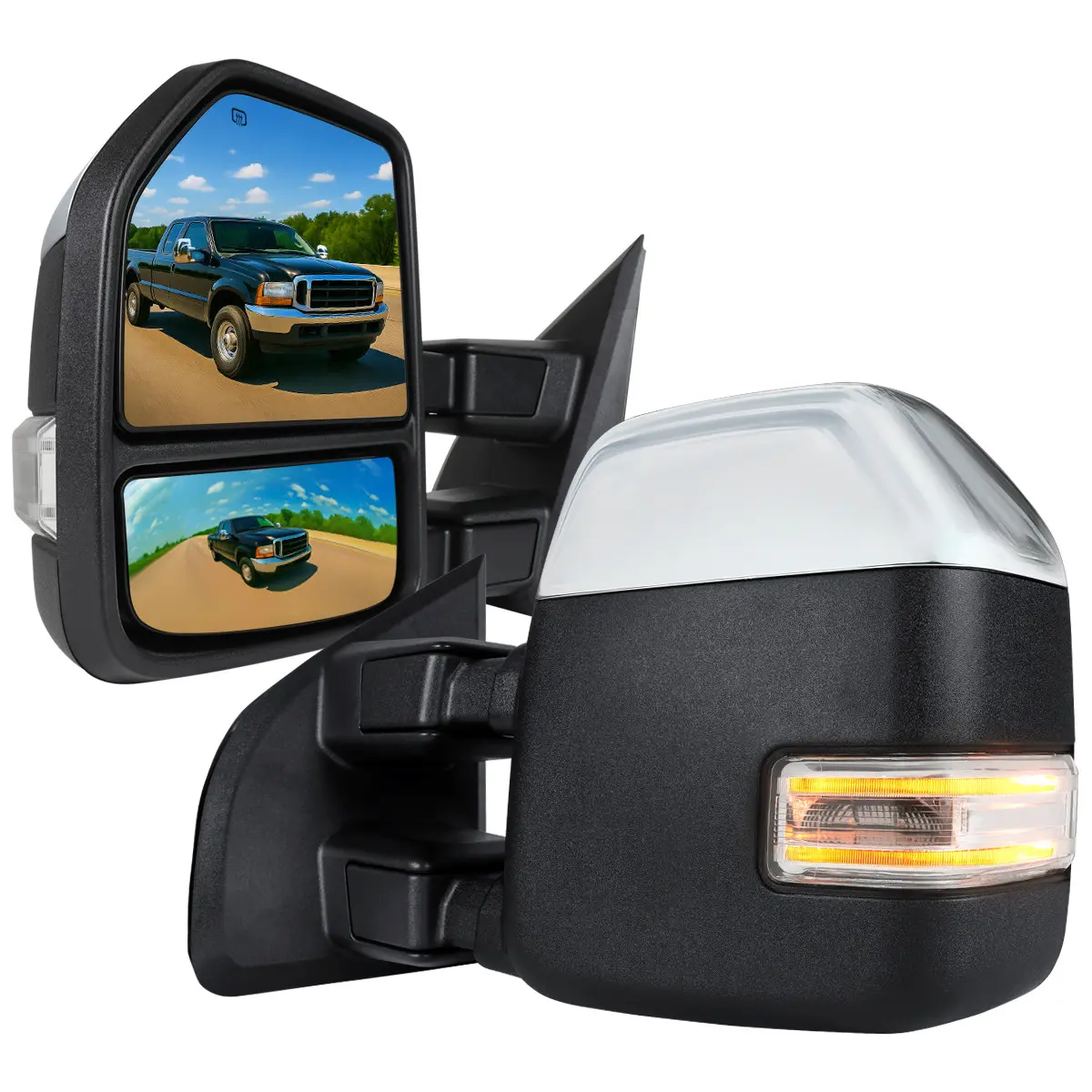 1999-2016 F-250/F-350/F-450 Power Adjustable, Heated, & Manual Extendable Chrome Towing Mirrors w/ Clear Lens LED Turn Signal & Clearance Lights