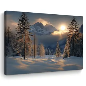 Amazing Winter Landscape Canvas Art - Snow-Covered Pine Trees and Sun-Struck Mountains, Wooden Frame Wall Decoration, Modern Home Decor, Suitable for Living Room, Bedroom, Kitchen - Perfect Home and Office Christmas Gift, 29.97x 39.88cm