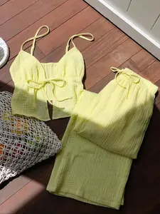 Women's Linen Breathable Cream Yellow Fitted Crop Tank Top And Pants Set, Summer