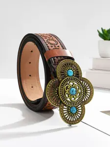 Boho Style Turquoise Decorated PU Buckle Belt, Vintage Trendy Western Belt, Fashionable Clothes Accessories for Women & Men