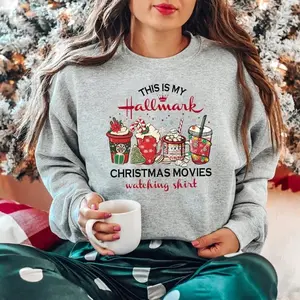 Women's Round Neck Christmas Movie Watching Crewneck Sweatshirt - Everyday Casual Style Tops, Comfortable Fabric, Long Sleeves, Seamless Seams, Relaxed Bottom, Festive Holiday Outfit, Christmas Lovers' Gift